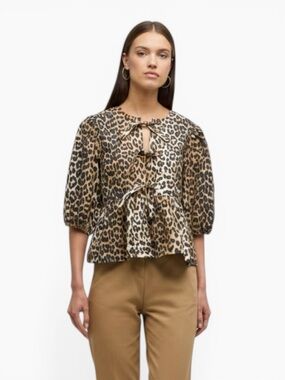 Leopard Print Peplum Tie Front Blouse Puff Sleeve Ganni Style Anthropologie Vibe